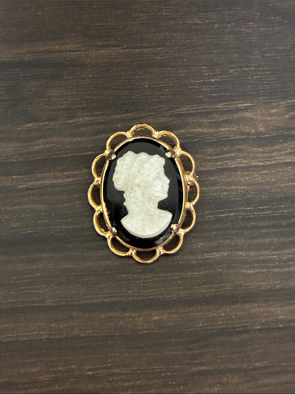 Victorian Revival Gold-Tone Black & White Cameo Pin Brooch Goth Whimsigoth